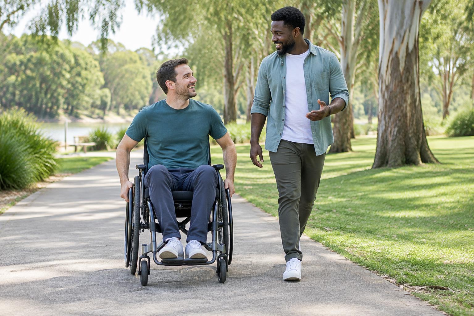 A wheelchair user enjoying a conversation with a support worker on an accessible park path
