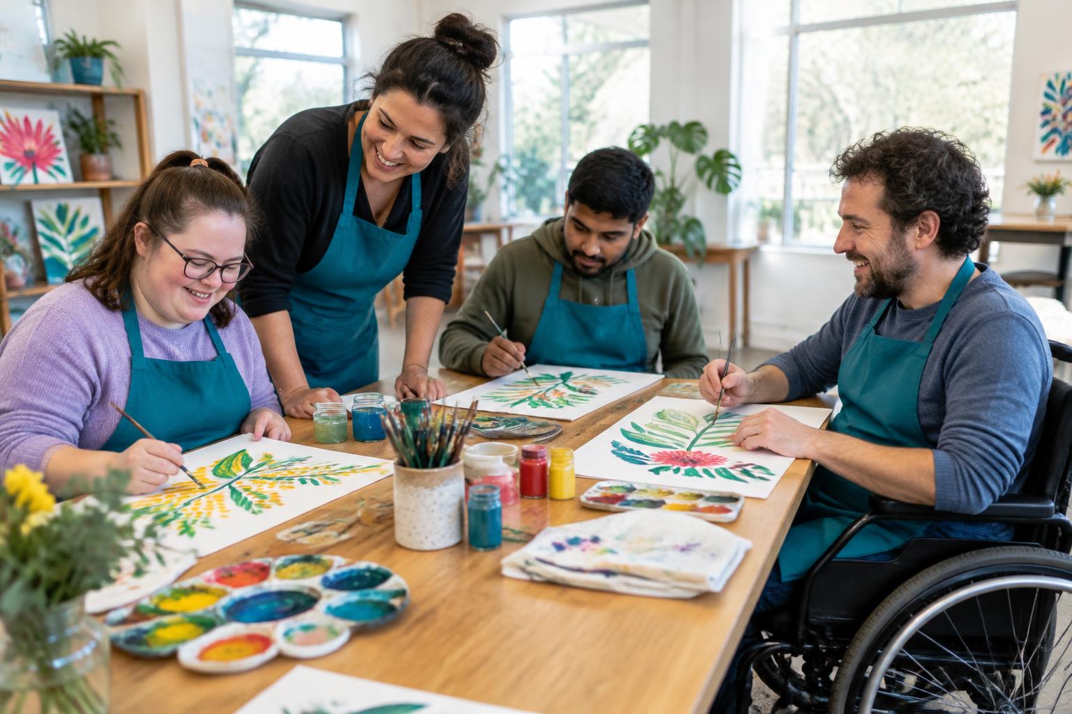 Adults painting together at an inclusive creative workshop