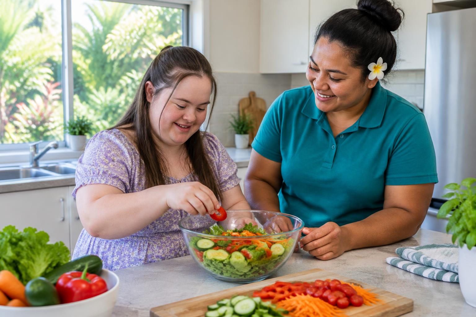 A participant preparing a salad alongside a support worker in a bright home kitchen