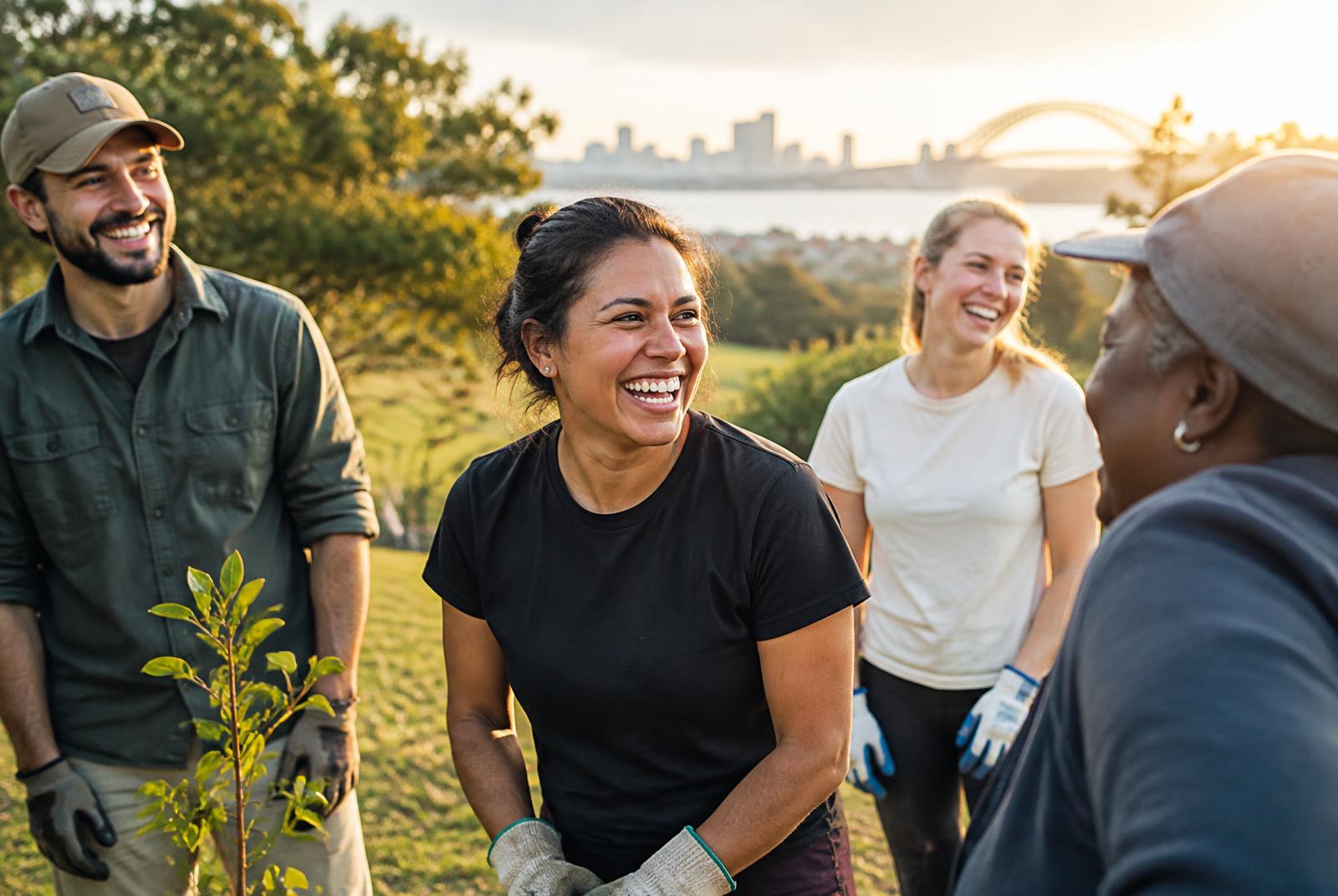 A group of people laughing together during an outdoor community activity
